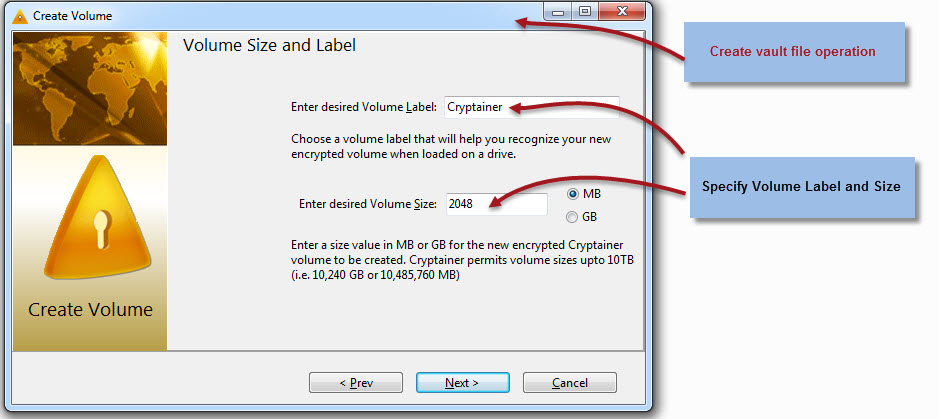 Create volume options in Cypherix PE encryption software